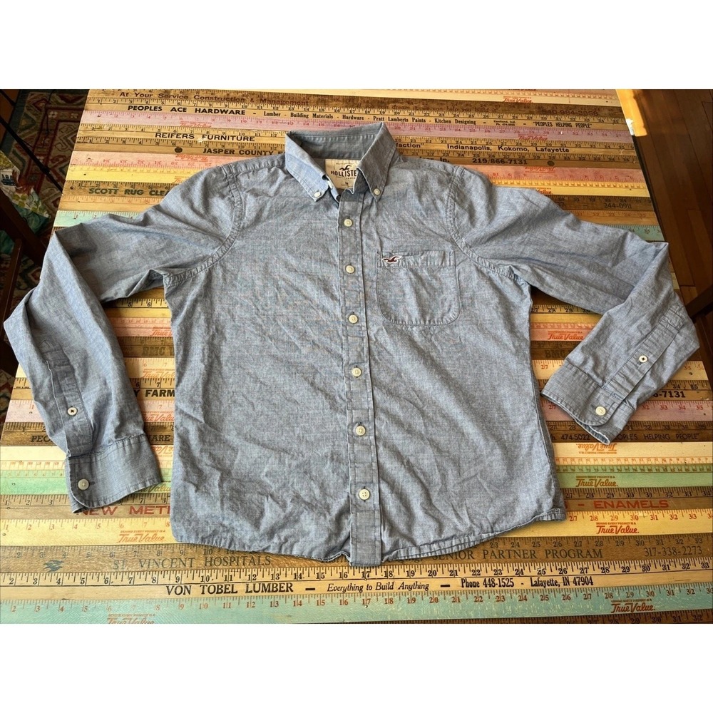 Hollister MENS M Blue Logo Chambray Button Down Shirt Y2K 90s
